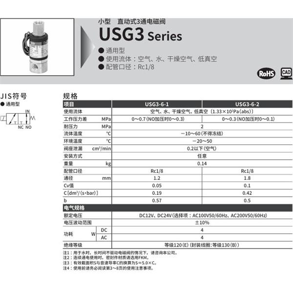 CKD喜開理多種流體小型直動(dòng)式2通電磁閥USG3-6-1-V-AC200V